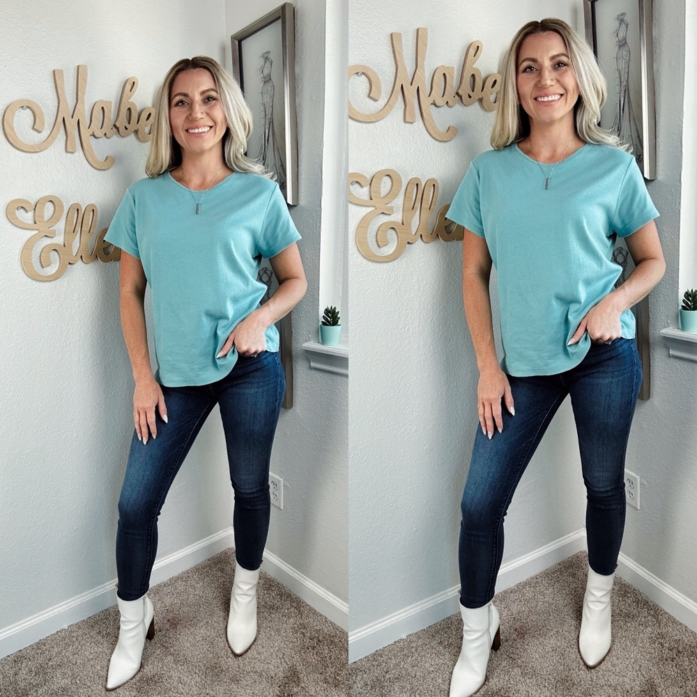 Coldwater Creek teal blue classic crewneck cotton top size Large